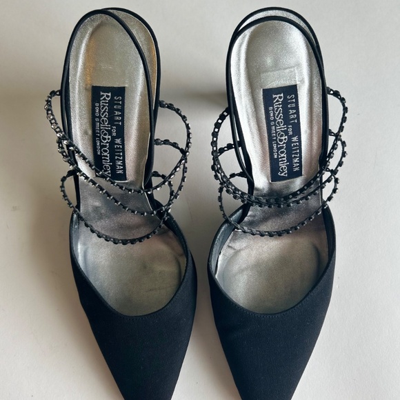 Stuart Weitzman Black Satin Rubber Straps Glitter Stone Close Toe Heels size 7.5 - Picture 12 of 14